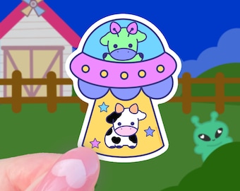 Cow Abduction Sticker: Funny Alien UFO Meme - Waterproof Matte Finish