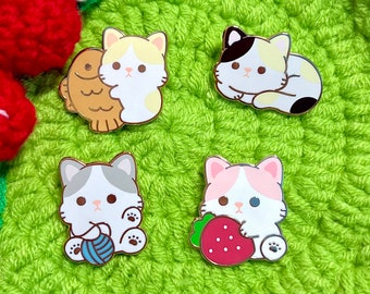 Cats Mini Hard Enamel Pins - Strawberry Cat, Cute Cat Pin, Taiyaki, Yarn, Calico Cat Pin, Kawaii Accessory, Brooch, Pin Set Gift