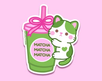 Matcha Cat Sticker, Kawaii Pastel Pink Drink, Waterproof Laptop Decal