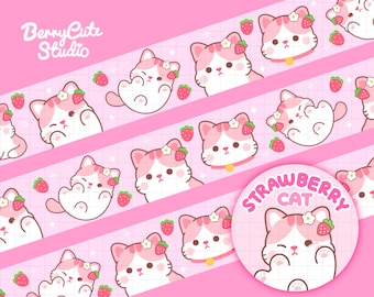 Strawberry Cat Washi Tape, Cat Washi tape, Kitty Washi tape, Cute Washi tape, Kawaii Washi, Washi tape, Paper tape, planner tape