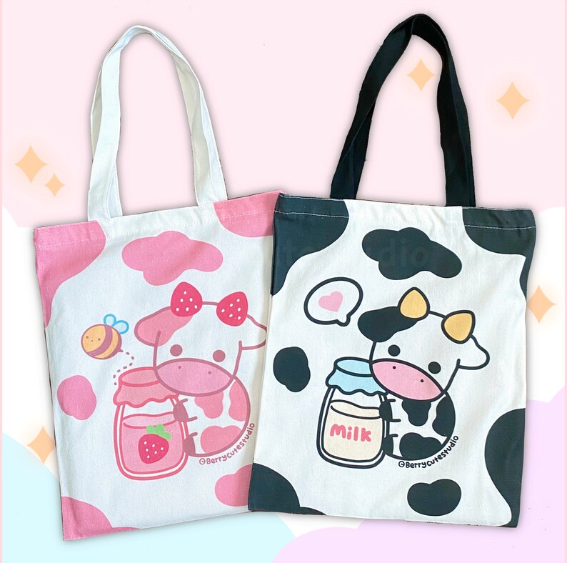 Cow Tote Bags: Strawberry Cow Tote Bag- Cute Cow Tote Bag -Kawaii Tote Bag - Cute Cows - Cute Tote Bag - Canvas Bag - Cow Print Bag 