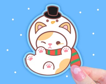 Snowman Cat Sticker – Winter Kitty Vinyl Decal, Waterproof