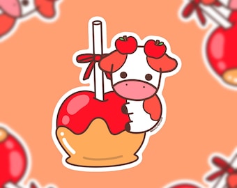 Candy Apple Cow Sticker for Water Bottles, Cute Fall Autumn Cow Design, Waterproof Vinyl Decal, Fall Gift