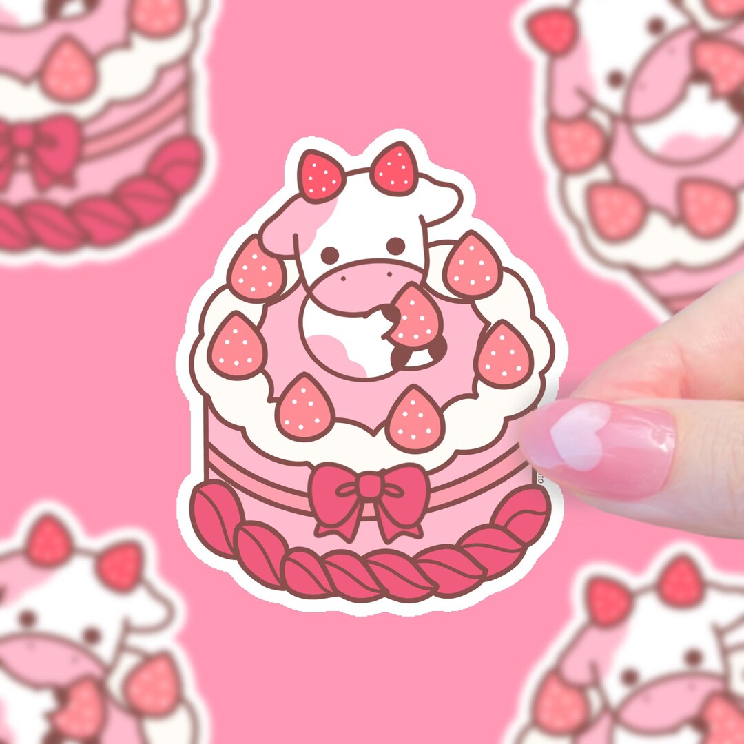 Strawberry Cake Cow Sticker: Kawaii Dessert, Waterproof Laptop Decal - Etsy