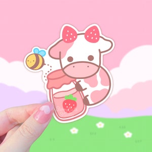 Pegatina de vaca fresa, pegatinas Kawaii, pegatinas de botellas de agua, pegatinas rosa pastel Cottage Core, vaca de frutas