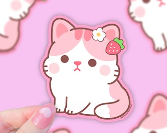 Strawberry Cat Sticker, Kawaii Stickers, Water Bottle Stickers, Cottage Core Pastel Pink Stickers, Fruit Cat
