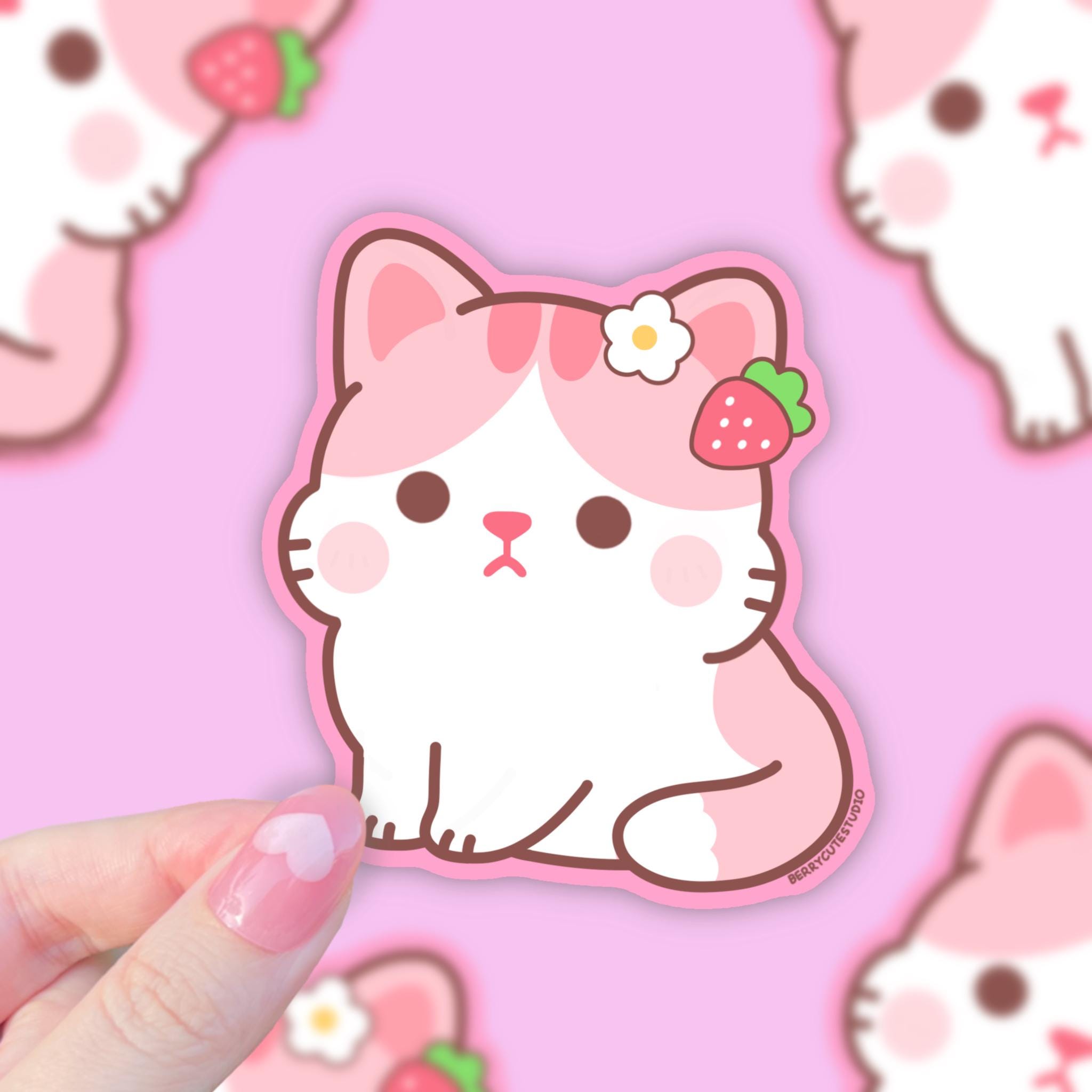 Kawaii Strawberry Cat Sticker, Pastel Pink Cottagecore, Waterproof - Etsy