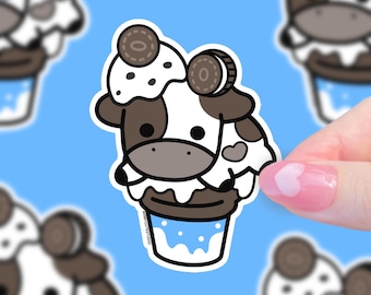 Pegatina de vaca con galletas y crema: postre pastel, vinilo resistente al agua