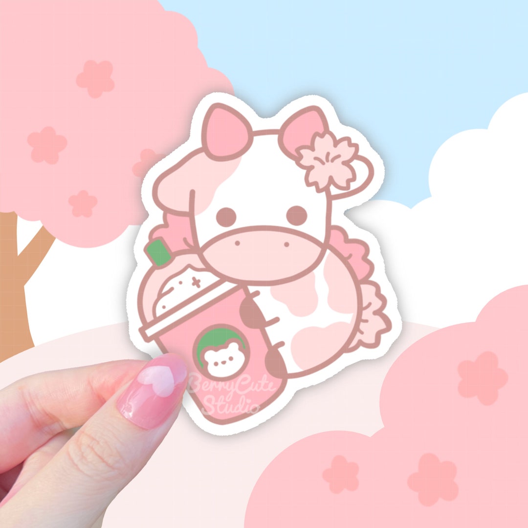 Sakura Cow Frappe Sticker: Kawaii Pastel Cottagecore Vinyl - Etsy