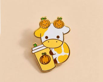 Pumpkin Spice Latte Cow Hard Enamel Pin, Kawaii Halloween Accessory