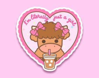 Coffee Cow Sticker, Literally Just a Girl, Pastel Laptop Decal