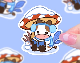 Winter Cow Reading Under Mushroom – Fall Cottagecore Sticker, Cute Kawaii Vinyl Cow Sticker, Mushroom Lover Gift