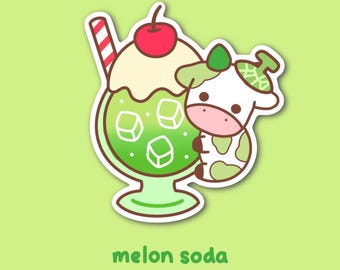 Melon Soda Cow Sticker: Kawaii Japanese Drink, Waterproof Laptop Decal