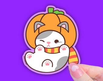 Pumpkin Cat Sticker, Spooky Halloween Design, Waterproof Vinyl Decal