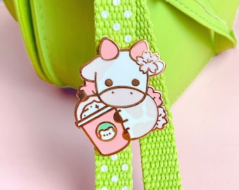 Sakura Frappe Cow Enamel Pin, Rose Gold Kawaii Accessory