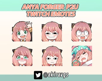 May include: Six different animated emotes featuring a pink-haired anime character with cat ears. The character has different expressions, including happy, surprised, sad, and sleepy. The emotes are labeled "Anya Forger P2U Twitch Emotes" and include the Twitter handle "@akiravgs".