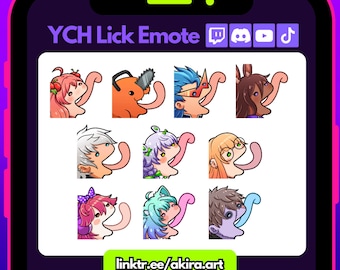 May include: A phone screen displaying a collection of nine animated emotes with various characters sticking out their tongues. The emotes are labeled "YCH Lick Emote" and include links to Twitch, Discord, YouTube, and TikTok. The text "linktr.ee/akira.art" is displayed at the bottom of the screen.