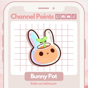 Può includere: Un vaso di coniglio dei cartoni animati con una pianta che cresce dalla cima. Il vaso è di colore arancione chiaro con un viso di coniglio bianco e orecchie blu. La pianta è di colore verde chiaro con due foglie. Lo sfondo è una griglia bianca.