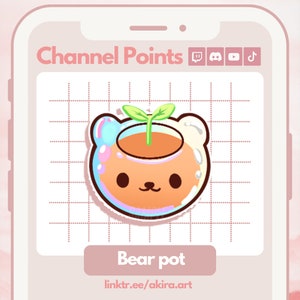 May include: A cute cartoon bear-shaped pot with a green plant growing out of the top. The pot is transparent and has a light blue, pink, and yellow design. The text "Bear pot" is below the image, and the text "linktr.ee/akira.art" is below that.