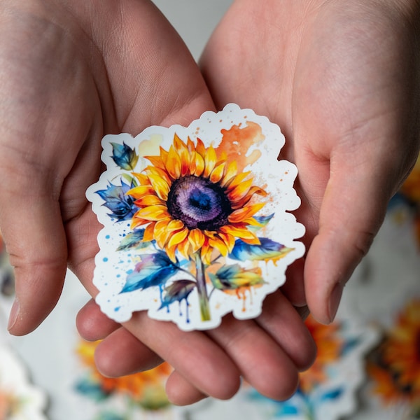 Watercolor Sunflower Sticker pack 10pc, Sunflower Sticker, Tumbler Decal, Spring Wildflower Decal, Vinyl Stickers