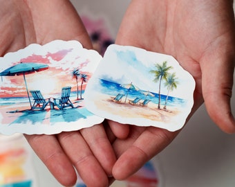 Watercolor Beach Vibes Sticker pack 12pc, Beach Vibes Sticker, Tumbler Decal, Summer Beach Vibes Decal, Vinyl Stickers