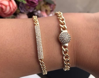 Handmade Gold Zircone Chain Bracelet: Stylish Round Stone Design