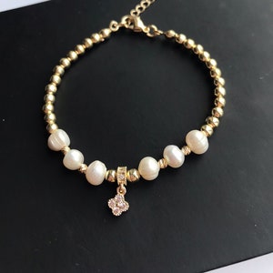 Pearl Clover Bracelet: Gold Beaded Charm Bracelet