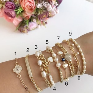 Gold Freshwater Pearl Bracelet: Dainty Heart Charm Adjustable Bracelet