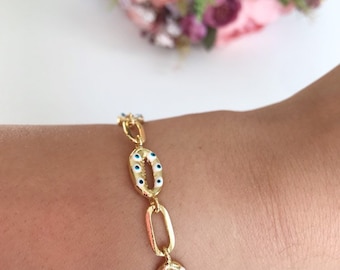 Gold Plated Seashell Starfish Charm Bracelet - Adjustable Cowrie Evileye