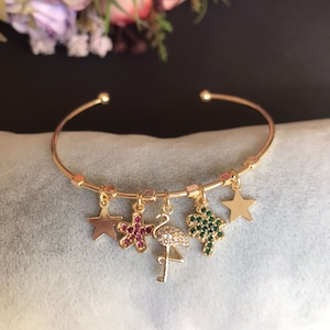 Gold Cuff Bangle Bracelet: Dainty Multi Charm Bracelet