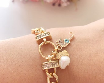 Pulseira de corrente de ouro, concha, pingente de pérola, joias de praia