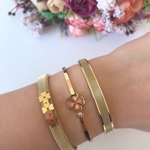 Gold Cuff Bracelet, Four Leaf Clover, Stainless Steel Bracelet, Gift For Her, Clover Bracelet, Dainty Cuff Bracelet, Chain Cuff Bracelet