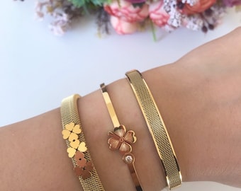 Gold Cuff Bracelet, Four Leaf Clover, Stainless Steel Bracelet, Gift For Her, Clover Bracelet, Dainty Cuff Bracelet, Chain Cuff Bracelet