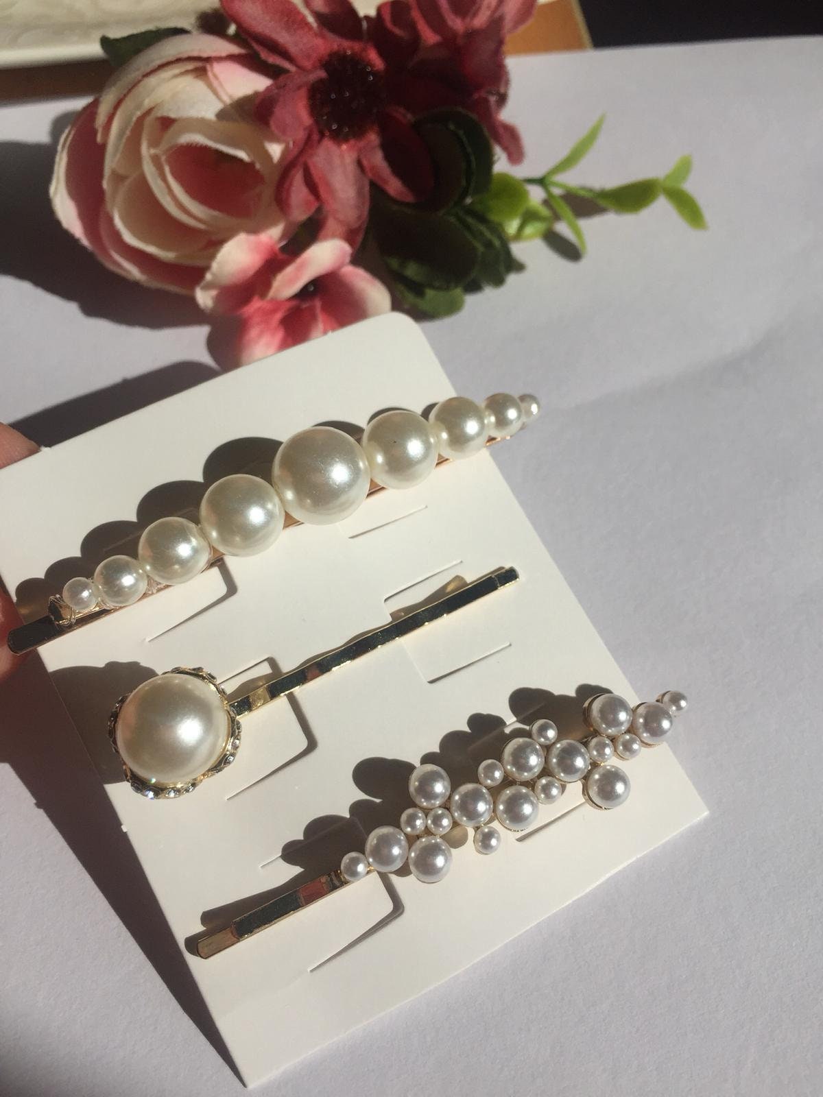 J. pearl embellished hair barrettes set of three HINZIC 3Pcs Pearl Barrette Set - Vintage Gold Hair Clips for  main image 4