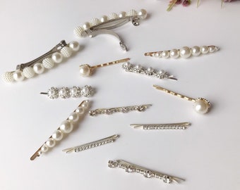 ホワイトラインストーンフラワーヘアクリップ（パール付き）｜2個
