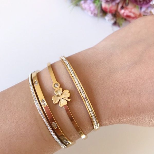 Cuff Bracelet, Stainless Steel Bracelet, Clover zircon Bracelet, Gift For Her, Flat Stone Bracelet, Gold Cuff Bracelet Stainless Steel, cuff