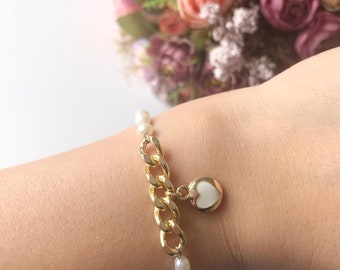 Pearl Bracelet: Gold Chain, Heart Charm, Faux Pearl Jewelry