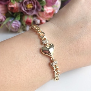 Pulsera llena de oro de 18K, pulsera de cadena de corazón, pulsera de cadena de eslabones, pulsera de corazón, pulsera ajustable, encanto de corazón, pulsera con cuentas de diamantes