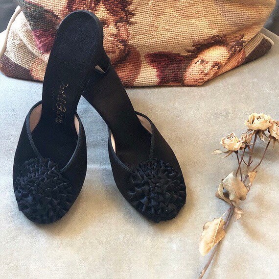 1950s Daniel Green Black Silk Bedroom Heeled Shoes