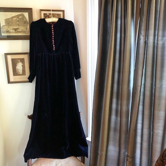 1970s Navy Blue Velvet Maxi Dress