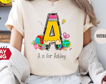 Customized Alphabet Name Letter Shirt, Personalized Graduation Tee, School Supplies Gift