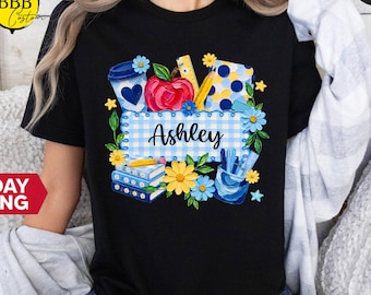 Customized Floral School Name Shirt, Back To School Supplies Gift, Notebook Tee