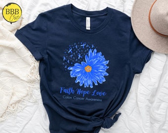 Colon Cancer Shirt, Faith Hope Love Cancer Awareness Shirt, Warrior  Shirt, Cancer Support Shirt, Blue Ribbon Shirt, Colon Cancer Ribbon