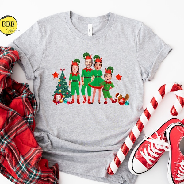 Chemises d’elfe de famille à visage personnalisé, chemise de famille d’elfe de Noël, chemise de Noël personnalisée, chemise de conception personnalisée, chemise de Noël, cadeau de famille d’elfe