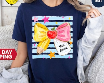 Customized Coquette Teacher Name Shirt: Pencil Apple Tee, Teacher Appreciation Gift