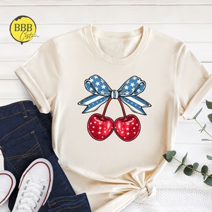 Bow Cherry Shirt, Cherry Coquette Shirt, USA Flag Coquette Shirt, Cherry Lover Gift Shirt, Coquette American Flag Shirt, Retro America Shirt