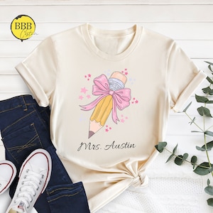 Custom Name Coquette Pencil Tee, Pencil Coquette Bow Shirt, Coquette Teacher Tee, Back To School Tee, Teacher Shirts, Coquette Pencil Shirts