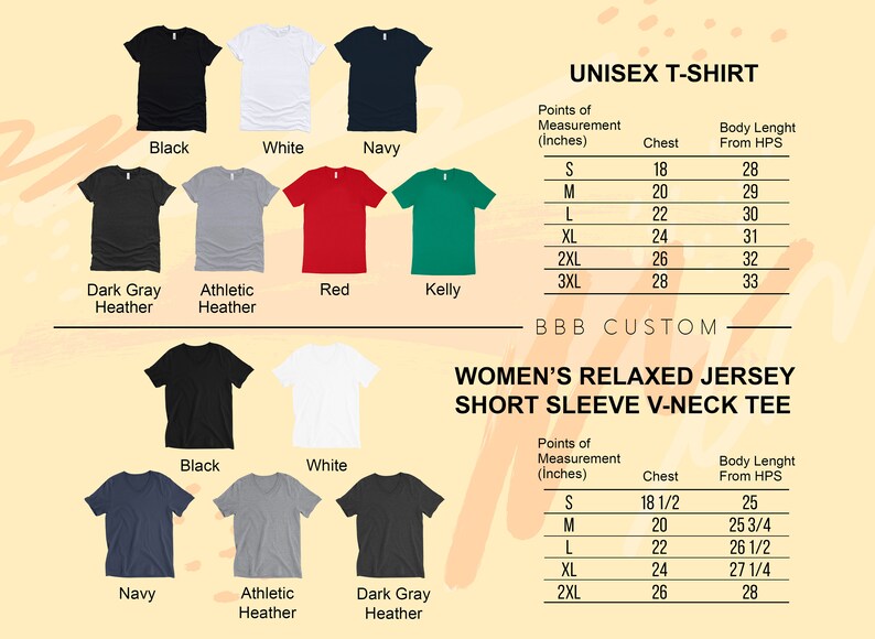 Op de afbeelding: Een tabel met maatvoering voor unisex t-shirts en dames relaxed jersey t-shirts met korte mouwen en V-hals. De tabel toont de borst- en lichaamslengtemetingen in inches voor de maten S, M, L, XL en XXL.