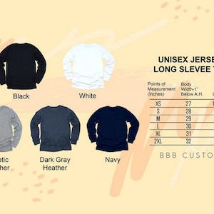 May include: Unisex long-sleeve jersey tee in black, white, athletic heather, dark gray heather, and navy. Size chart shows body width and chest measurements in inches.