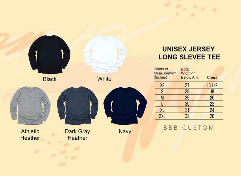 May include: Unisex long-sleeve jersey tee in black, white, athletic heather, dark gray heather, and navy. Size chart shows body width and chest measurements in inches.